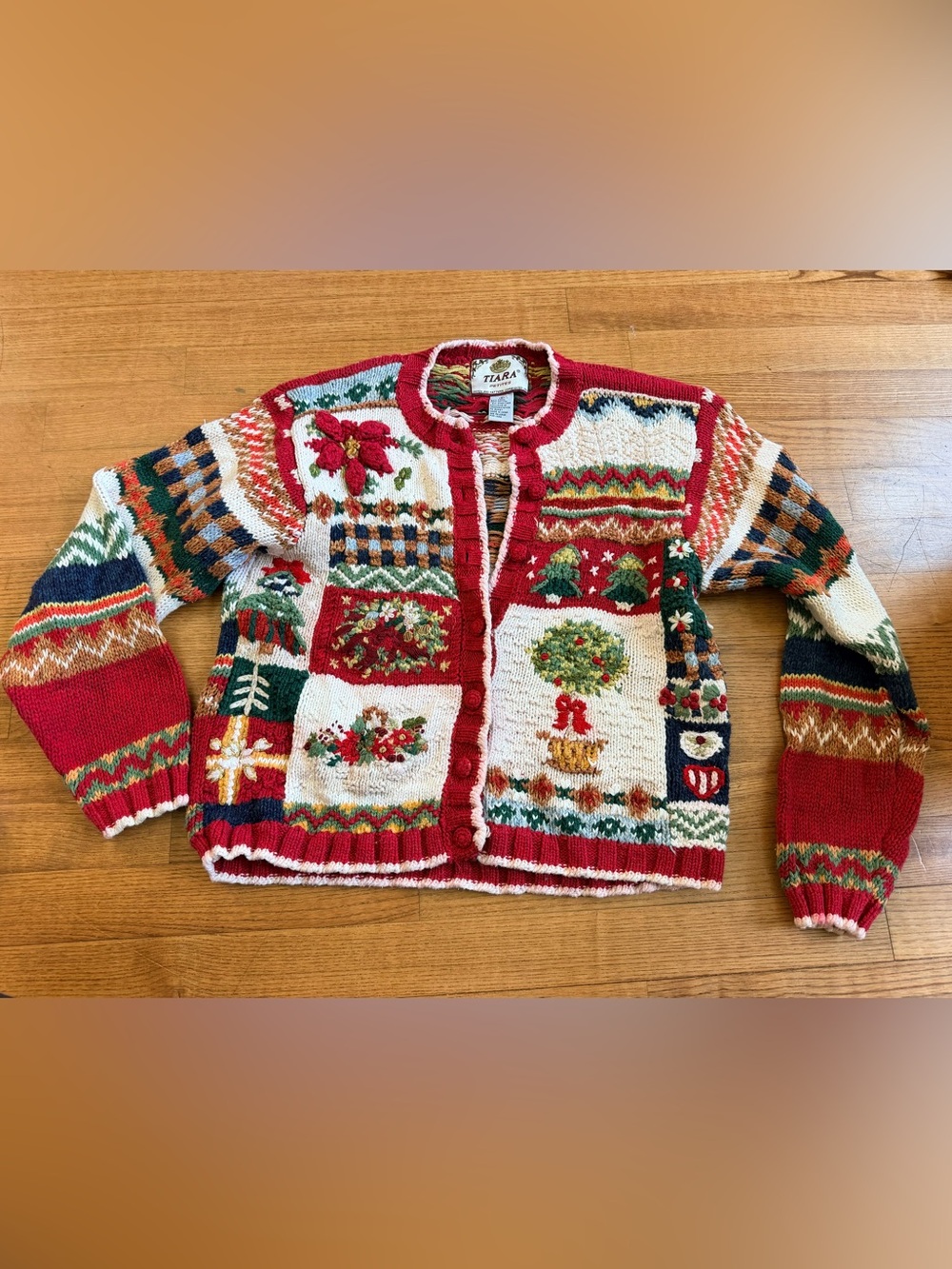 VTG 90s Tiara Petites Ugly Christmas Sweater Cardigan S Poinsettia Patchwork